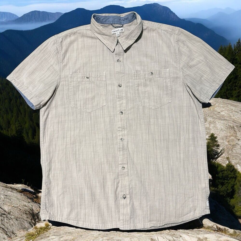 Toad & Co Smythy Shirt Men’s L Beige Tan Organic Cotton Short Sleeve Button Up